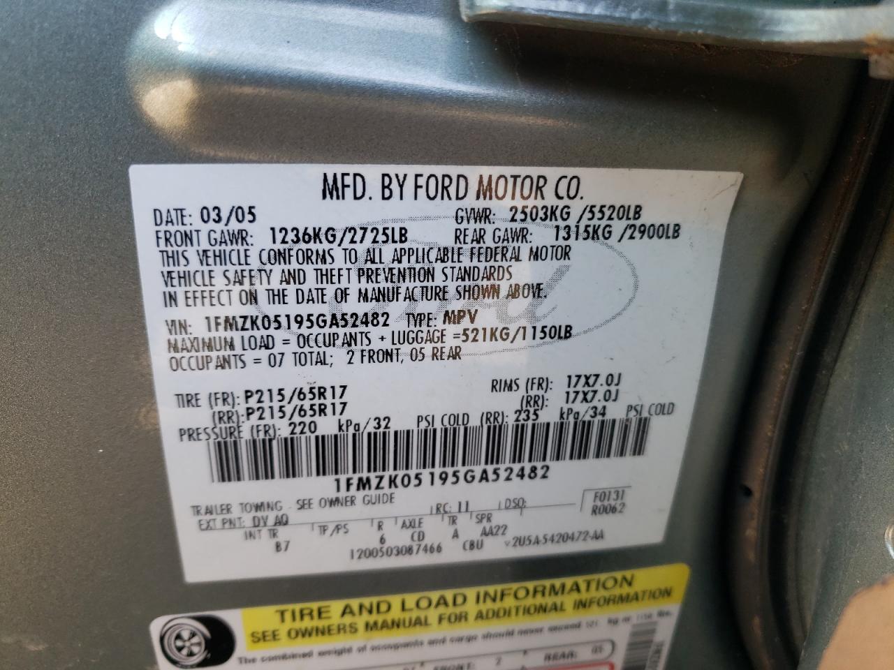 Photo 10 from auction – 2005 FORD FREESTYLE with VIN 1FMZK05195GA52482