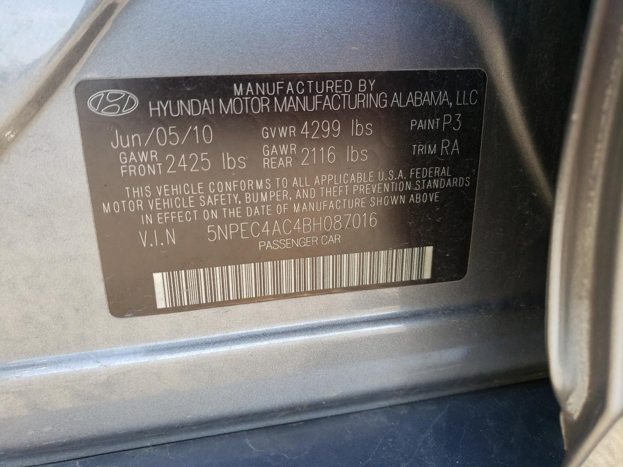 Photo 10 from auction – 2011 HYUNDAI SONATA SE with VIN 5NPEC4AC4BH087016