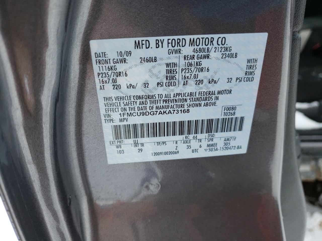 Photo 10 from auction – 2010 FORD ESCAPE XLT with VIN 1FMCU9DG7AKA73168