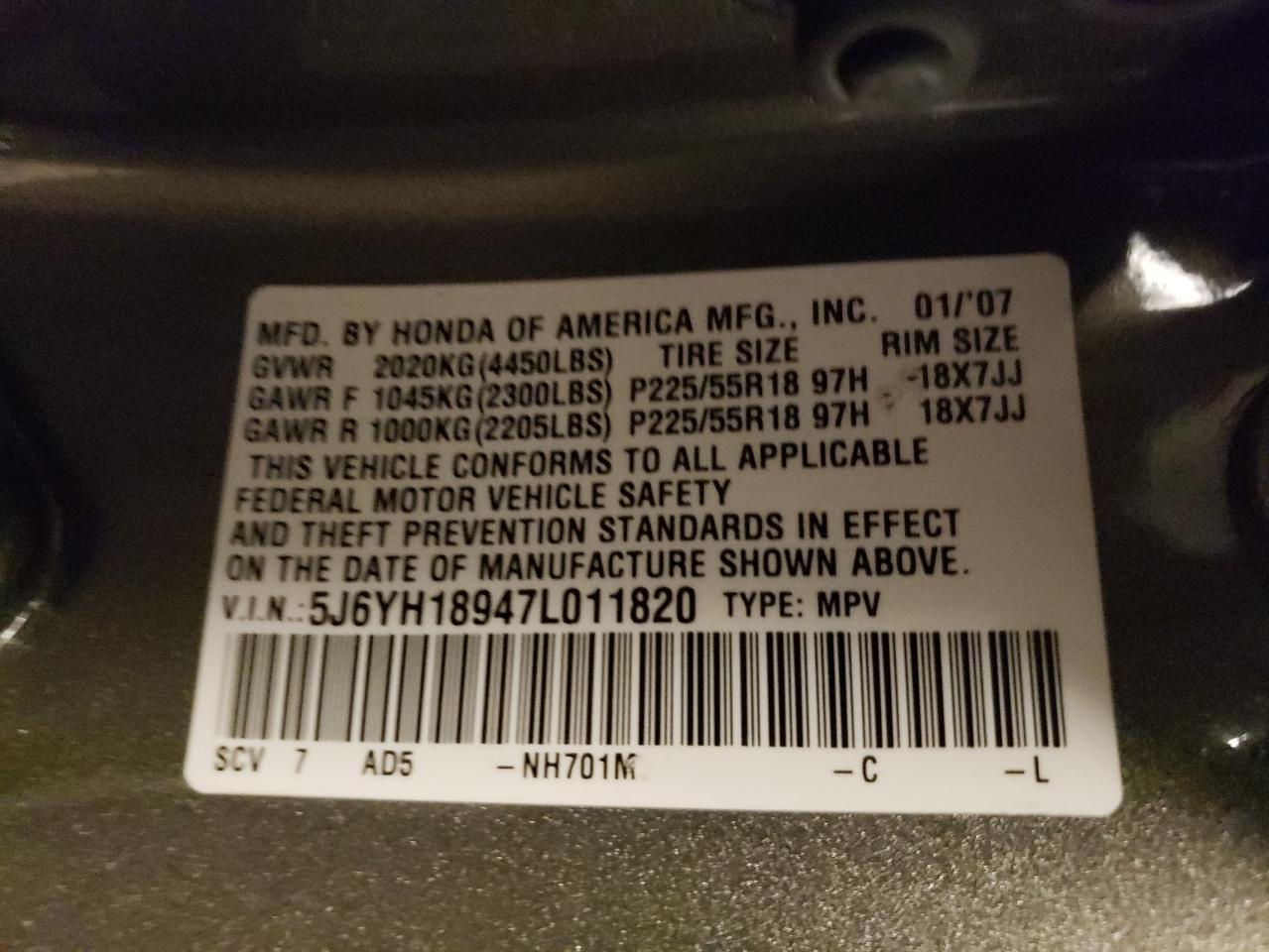 Photo 10 from auction – 2007 HONDA ELEMENT SC with VIN 5J6YH18947L011820