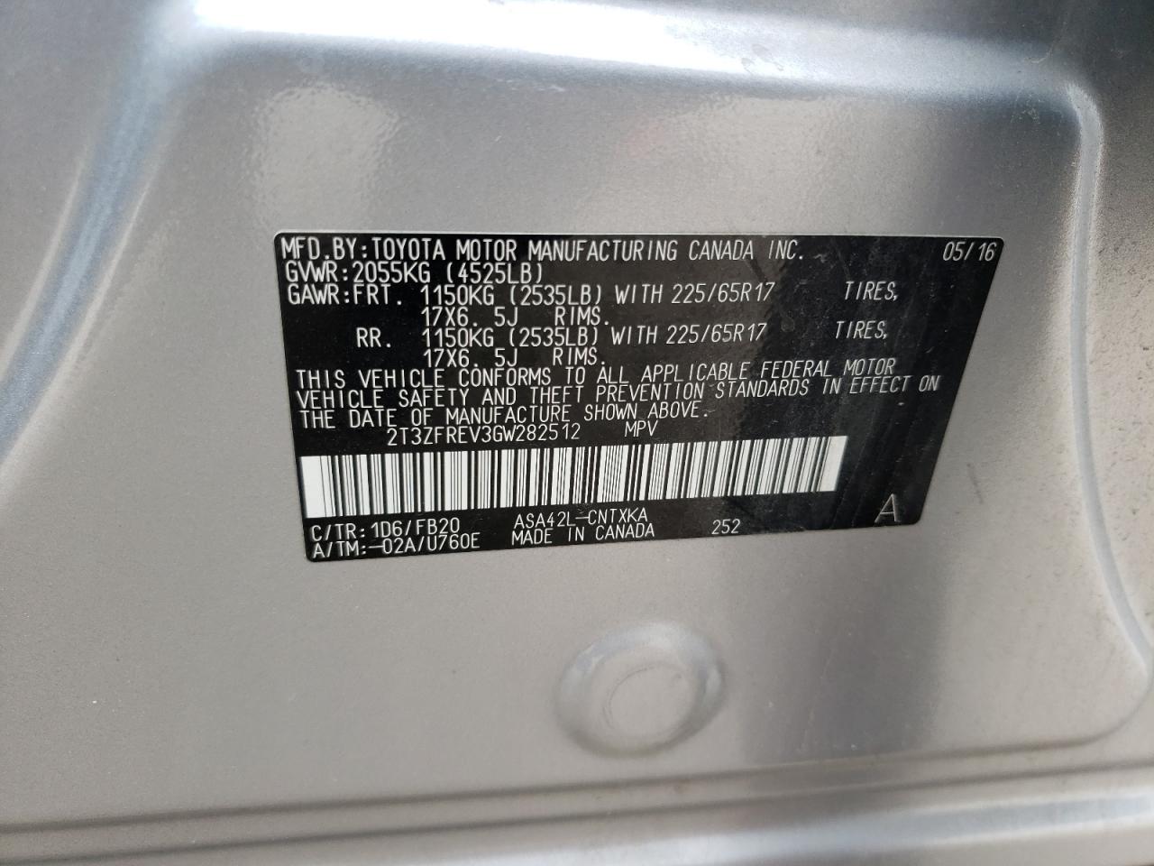 Photo 10 from auction – 2016 TOYOTA RAV4 LE with VIN 2T3ZFREV3GW282512
