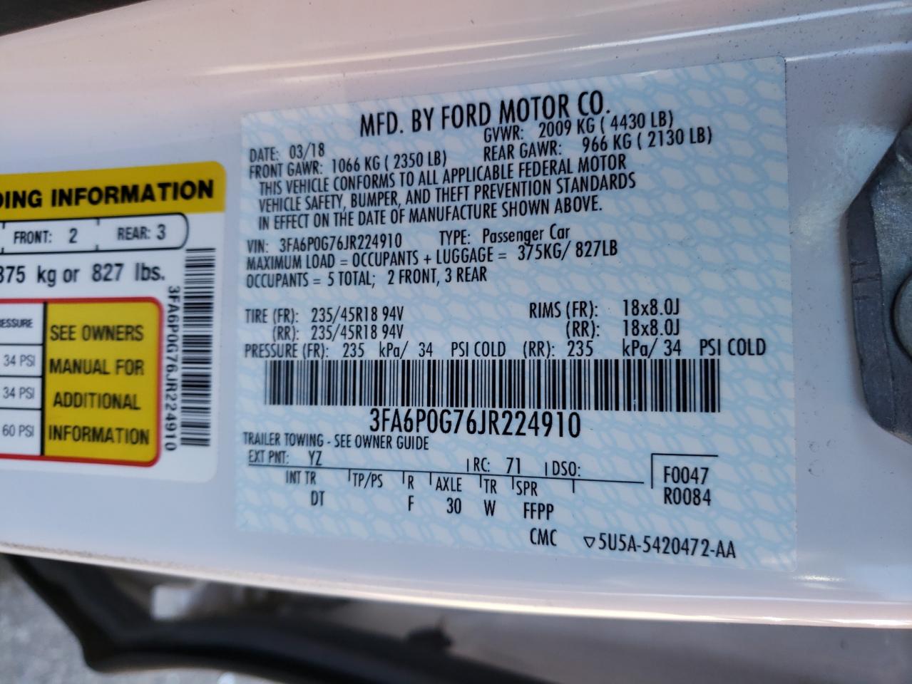 Photo 10 from auction – 2018 FORD FUSION S with VIN 3FA6P0G76JR224910