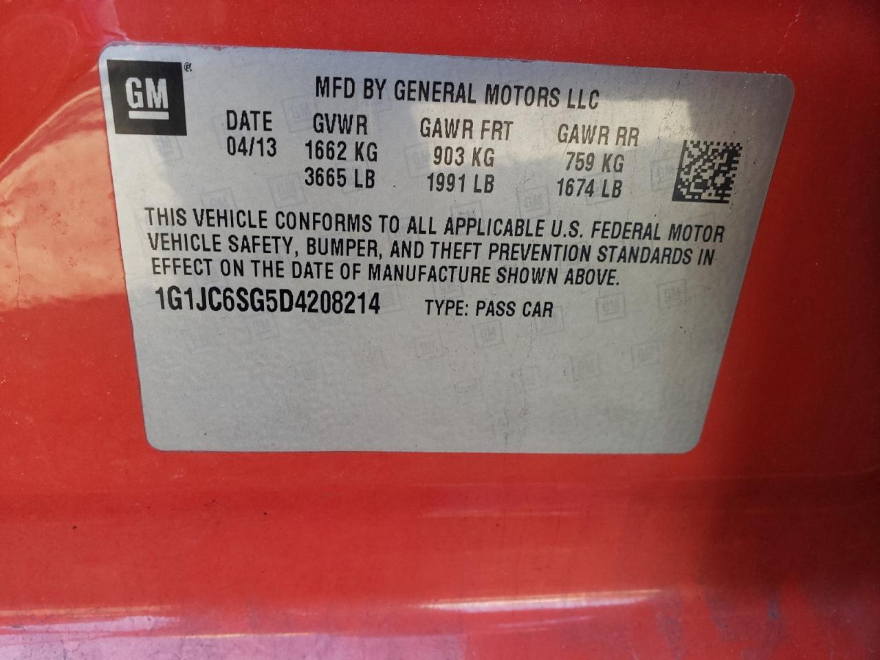 Photo 10 from auction – 2013 CHEVROLET SONIC LT with VIN 1G1JC6SG5D4208214