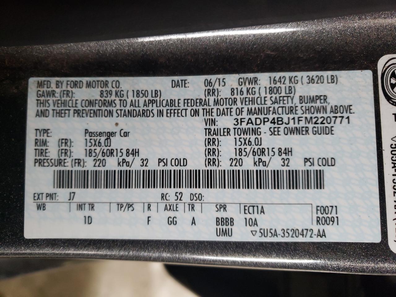 Photo 10 from auction – 2015 FORD FIESTA SE with VIN 3FADP4BJ1FM220771