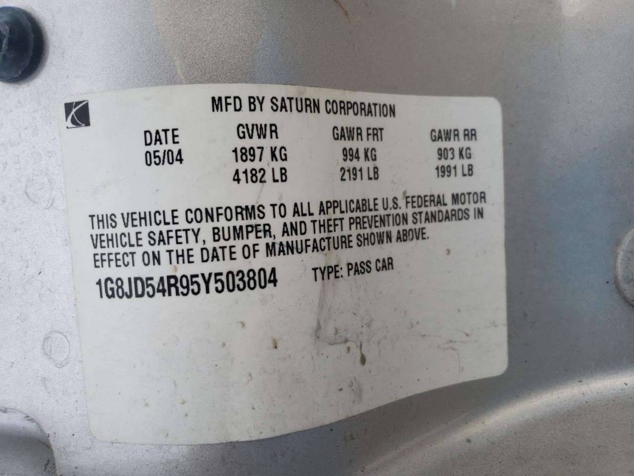 Photo 10 from auction – 2005 SATURN L300 with VIN 1G8JD54R95Y503804