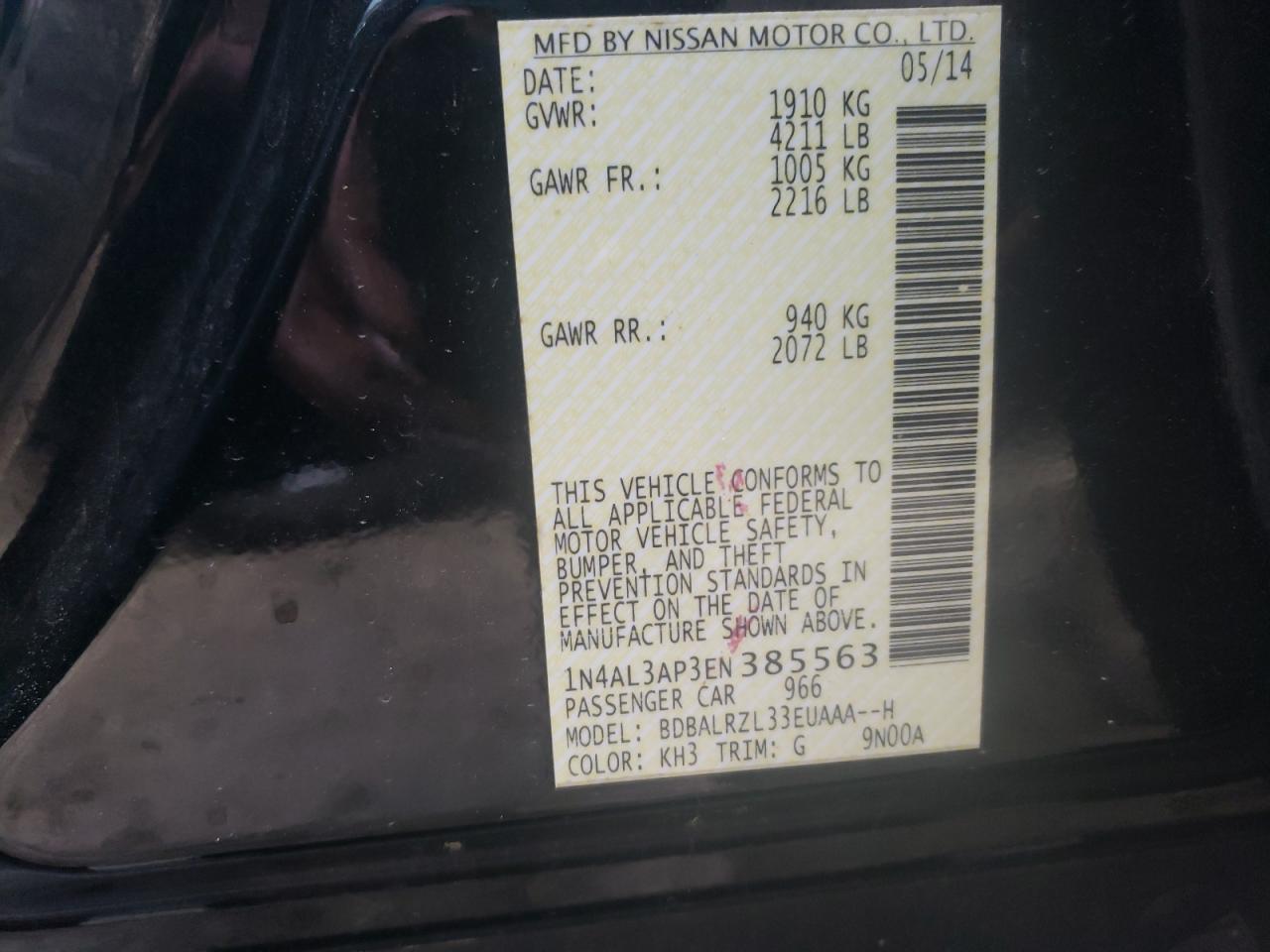 Photo 10 from auction – 2014 NISSAN ALTIMA with VIN 1N4AL3AP3EN385563