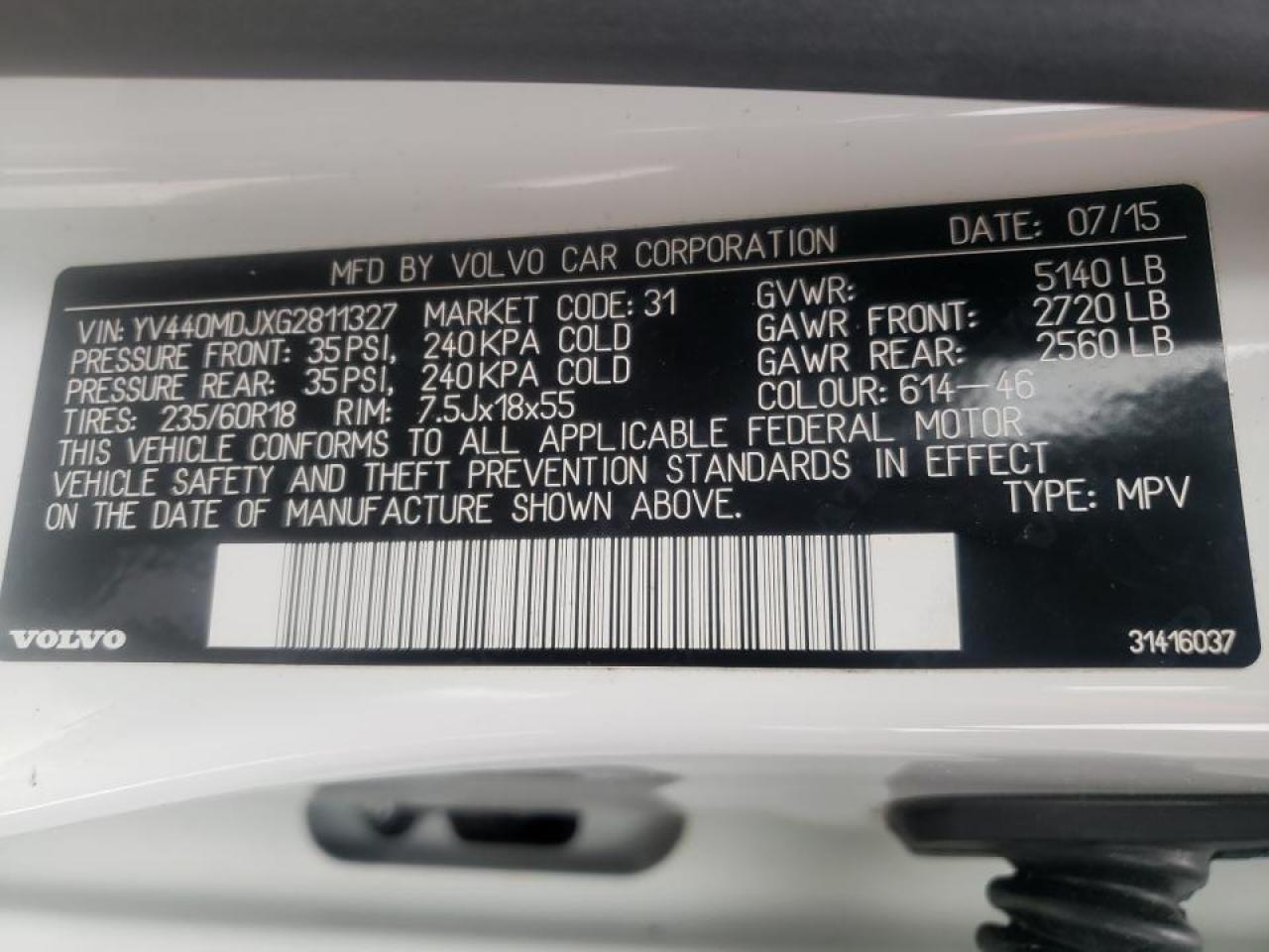 Photo 10 from auction – 2016 VOLVO XC60 T5 with VIN YV440MDJXG2811327