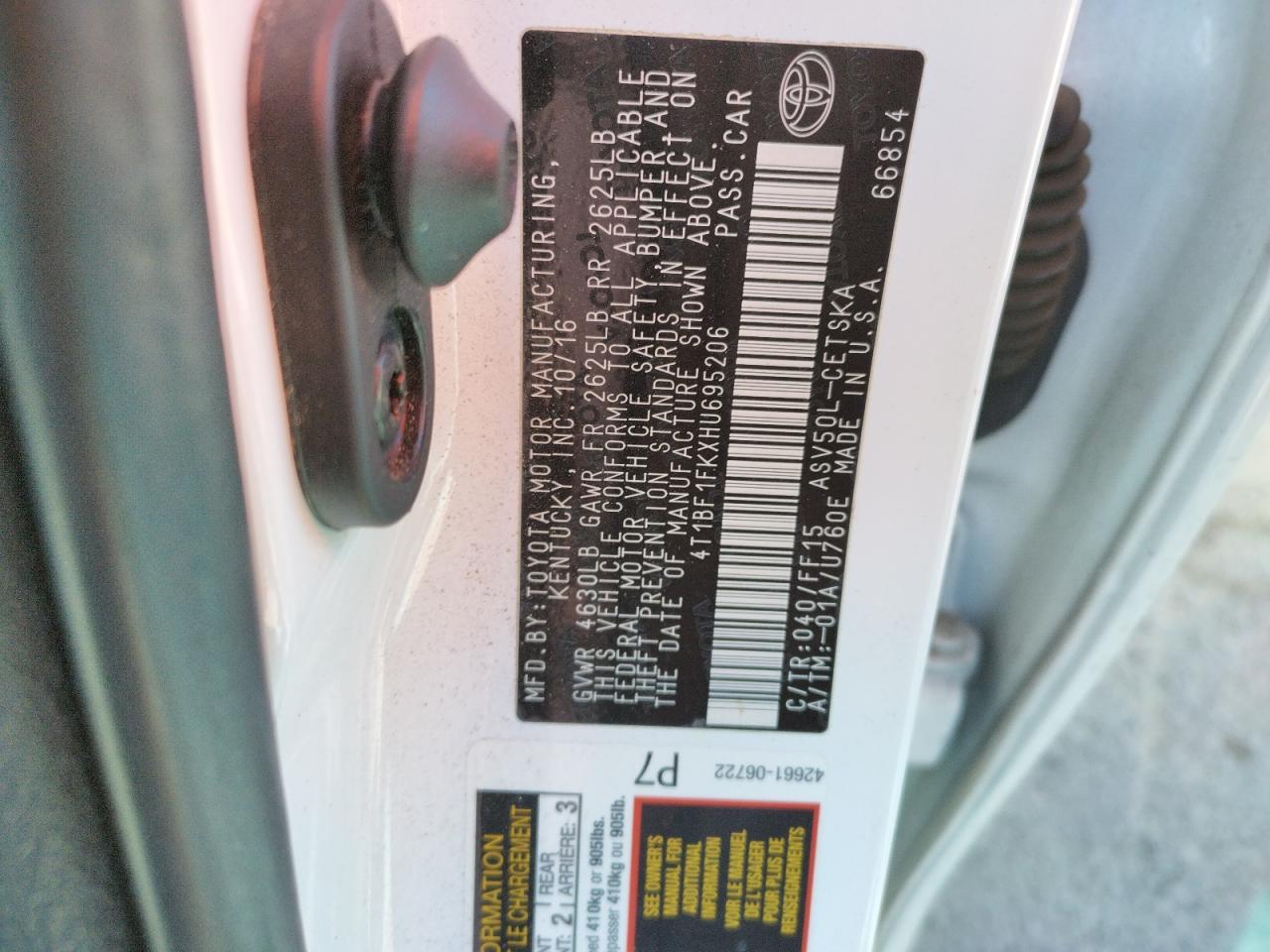 Photo 10 from auction – 2017 TOYOTA CAMRY LE with VIN 4T1BF1FKXHU695206