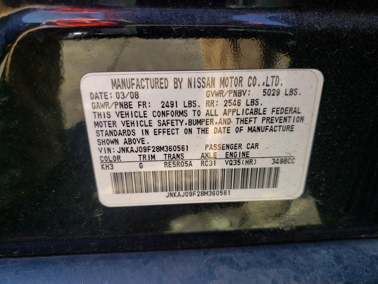 Photo 10 from auction – 2008 INFINITI EX35 BASE with VIN JNKAJ09F28M360561