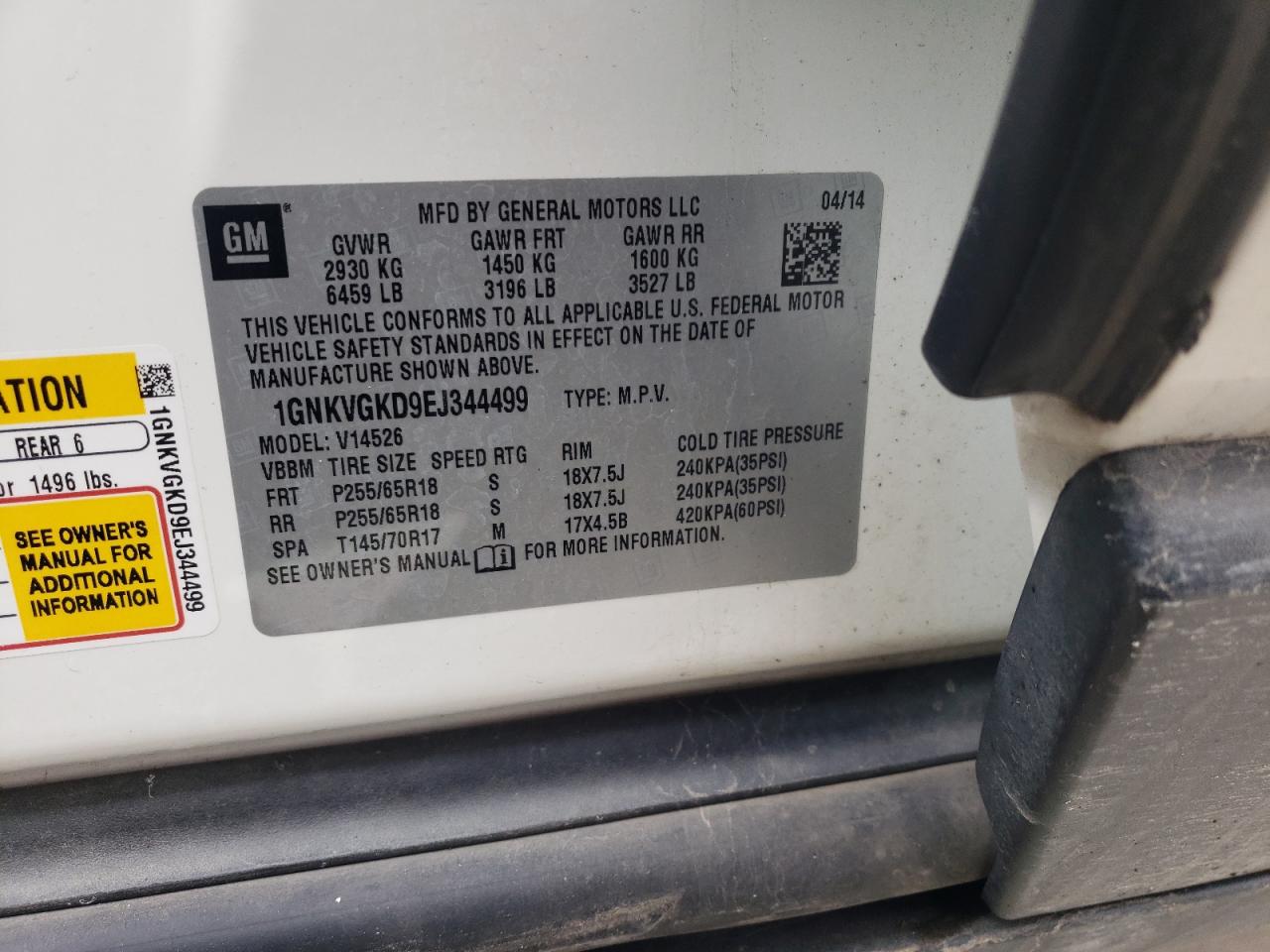 Photo 10 from auction – 2014 CHEVROLET TRAVERSE L with VIN 1GNKVGKD9EJ344499