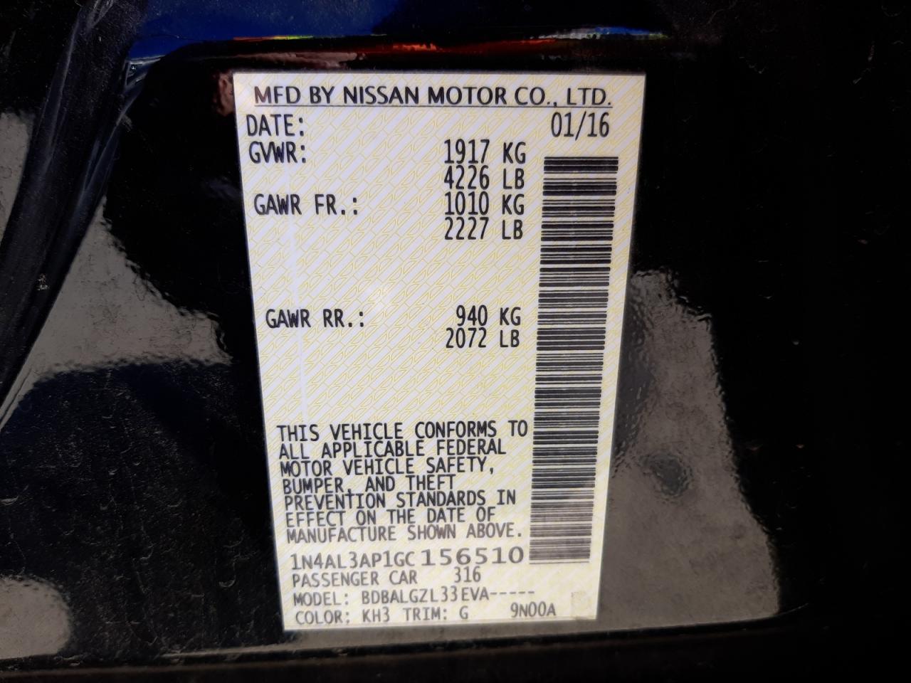 Photo 10 from auction – 2016 NISSAN ALTIMA 2.5 with VIN 1N4AL3AP1GC156510