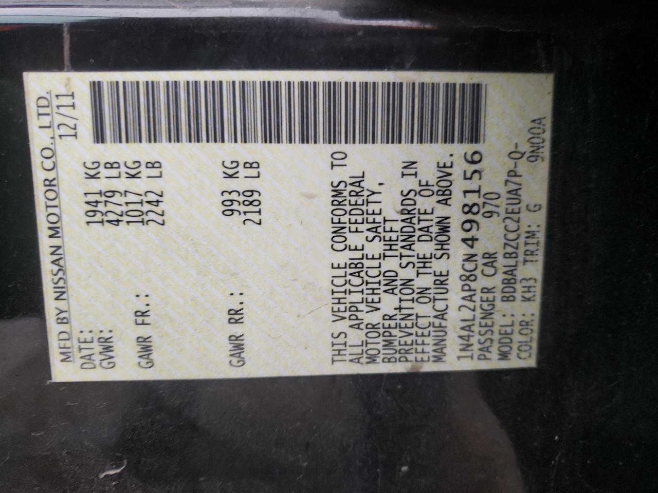 Photo 10 from auction – 2012 NISSAN ALTIMA BAS with VIN 1N4AL2AP8CN498156