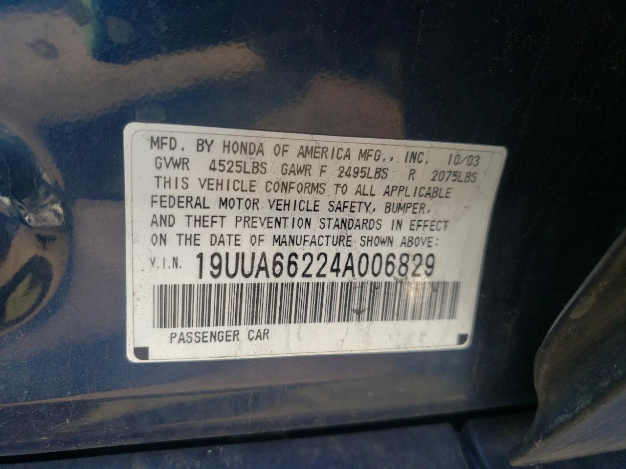 Photo 10 from auction – 2004 ACURA TL with VIN 19UUA66224A006829