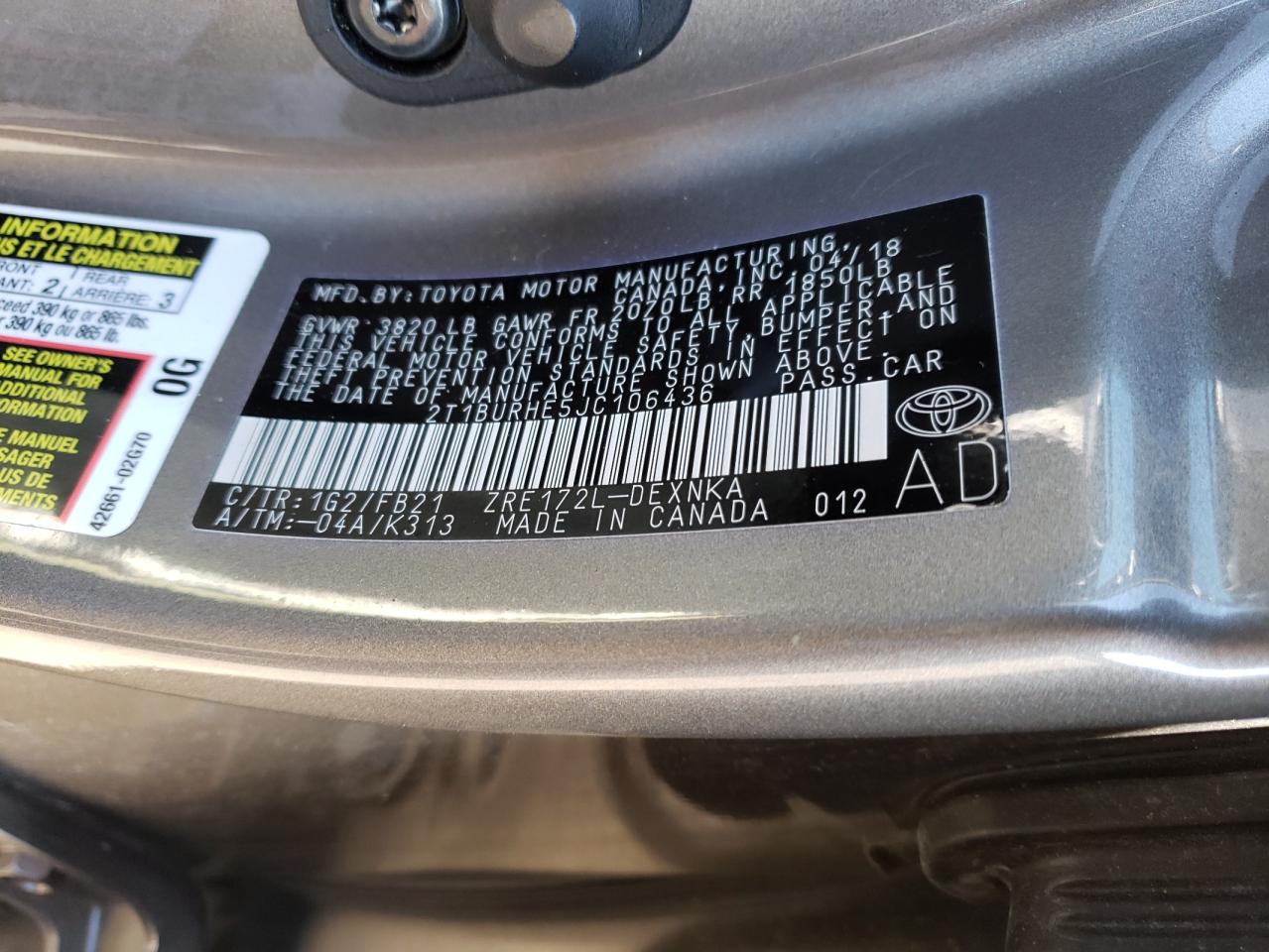 Photo 10 from auction – 2018 TOYOTA COROLLA L with VIN 2T1BURHE5JC106436