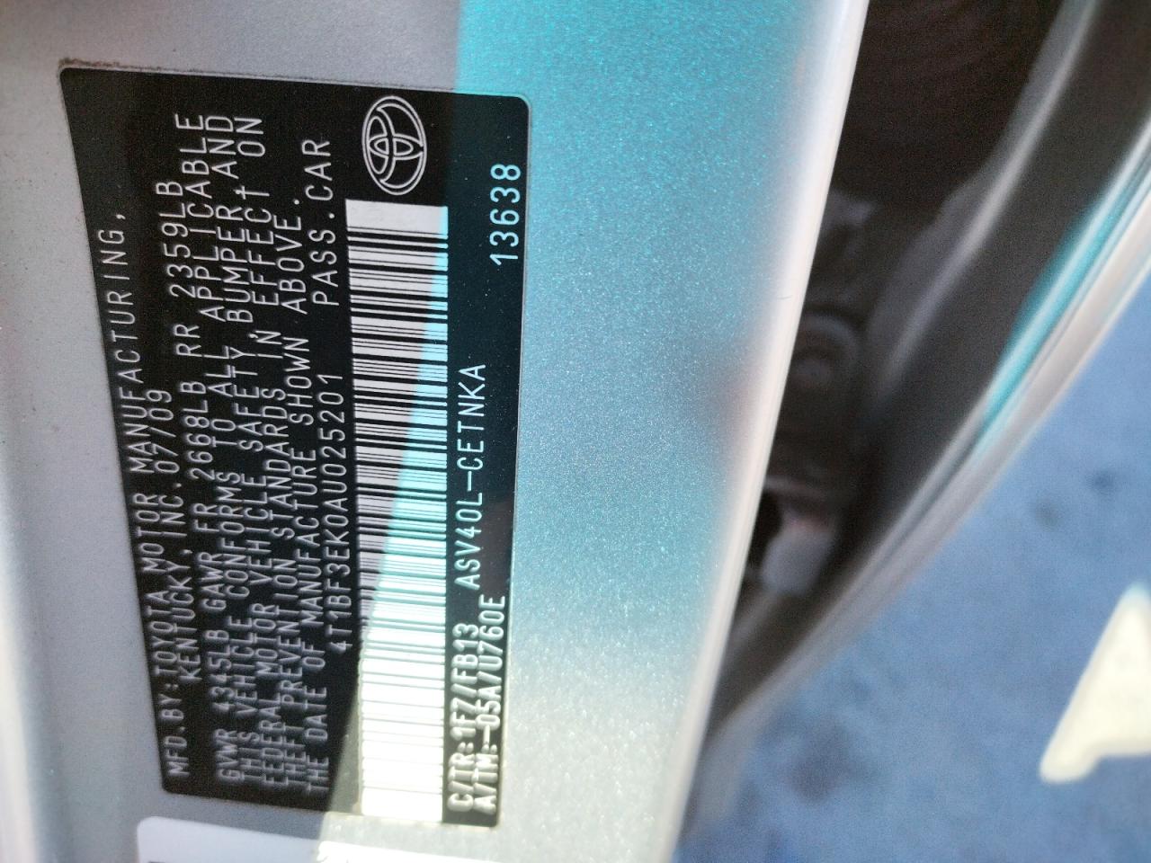 Photo 10 from auction – 2010 TOYOTA CAMRY BASE with VIN 4T1BF3EK0AU025201