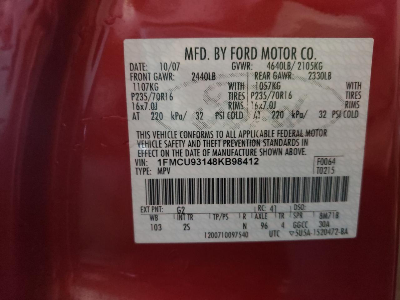 Photo 10 from auction – 2008 FORD ESCAPE XLT with VIN 1FMCU93148KB98412