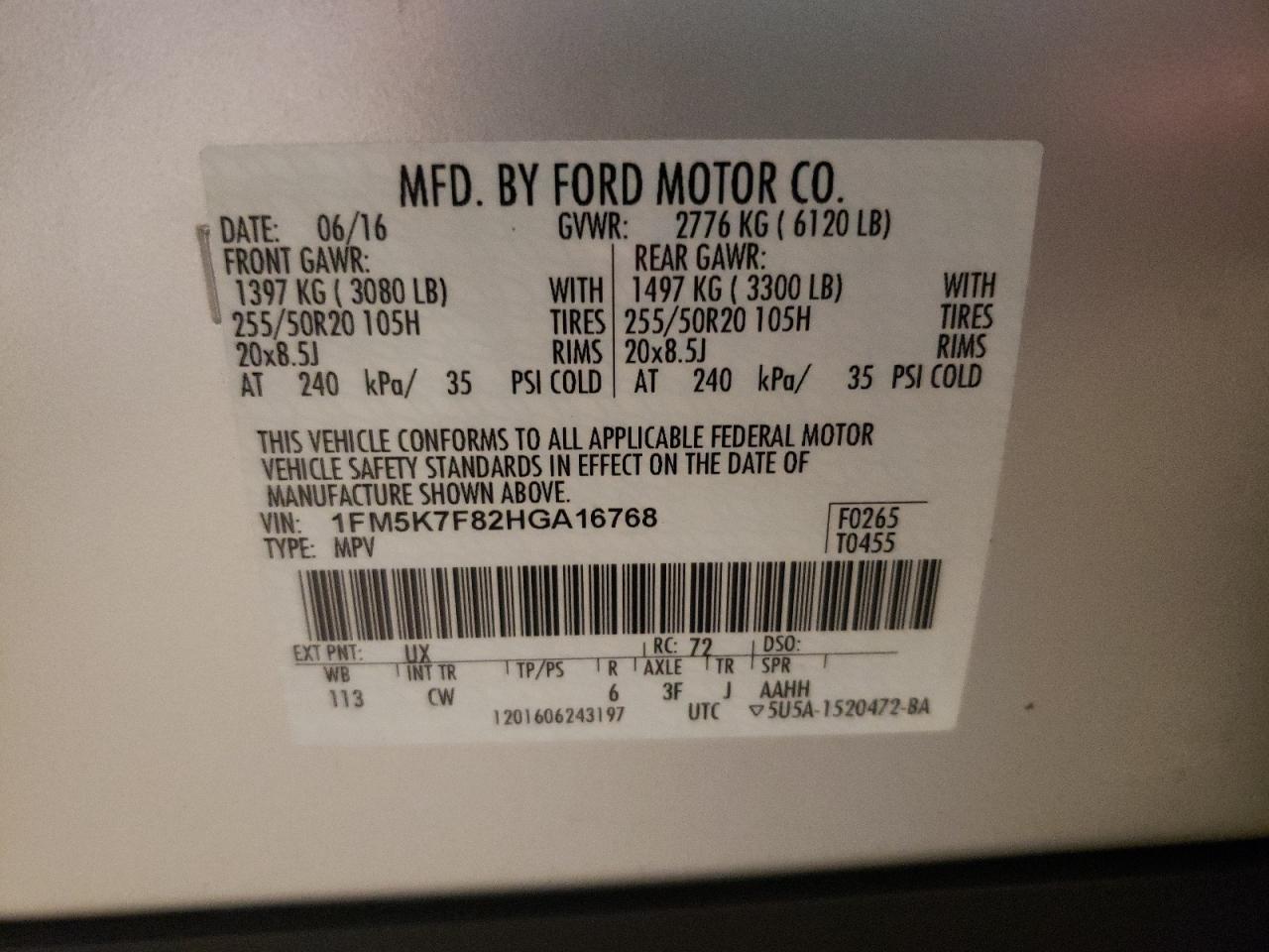 Photo 10 from auction – 2017 FORD EXPLORER L with VIN 1FM5K7F82HGA16768
