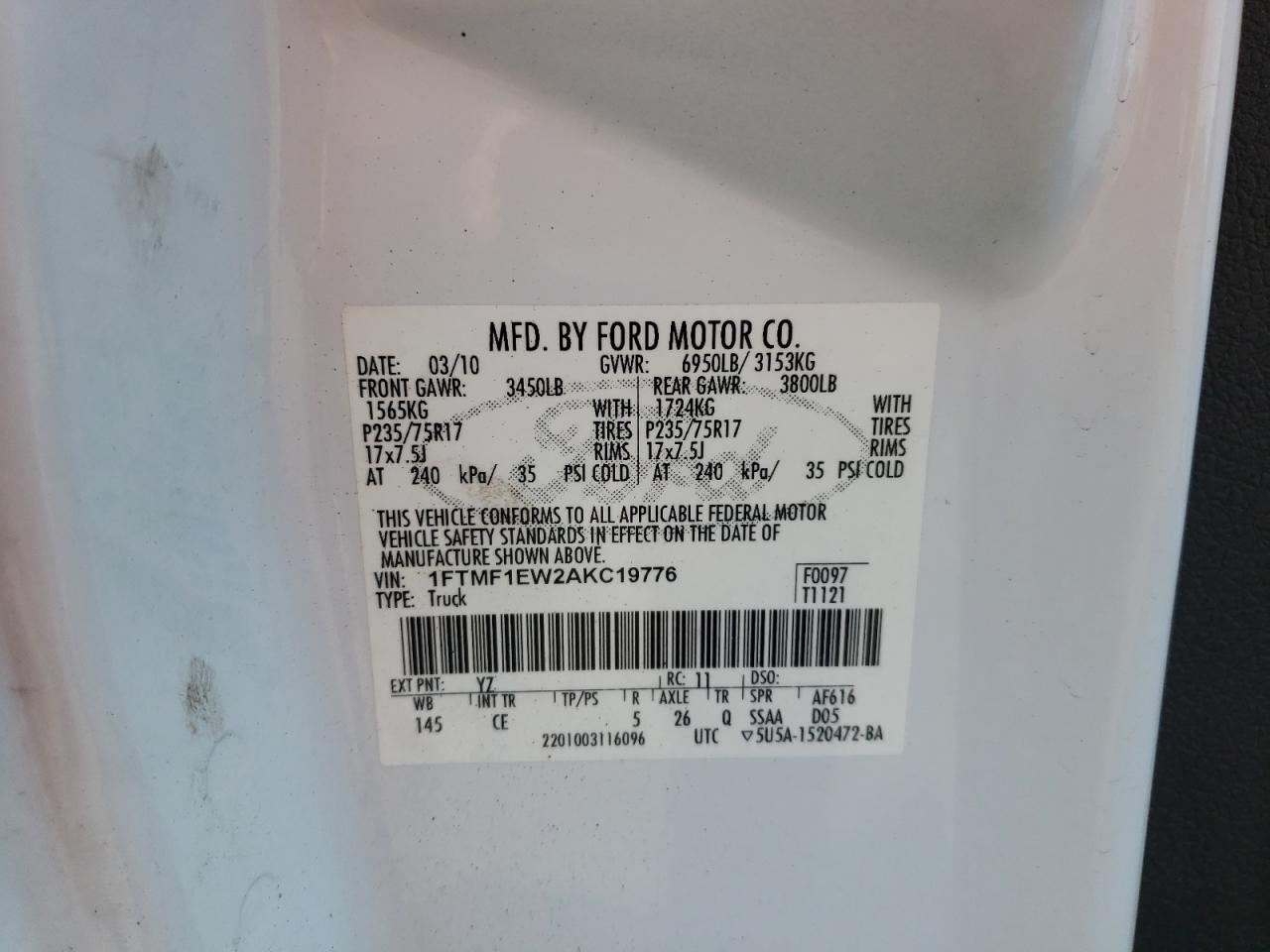 Photo 10 from auction – 2010 FORD F150 with VIN 1FTMF1EW2AKC19776