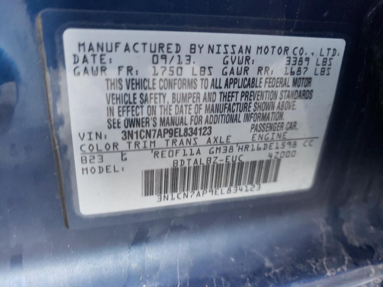 Photo 10 from auction – 2014 NISSAN VERSA S with VIN 3N1CN7AP9EL834123