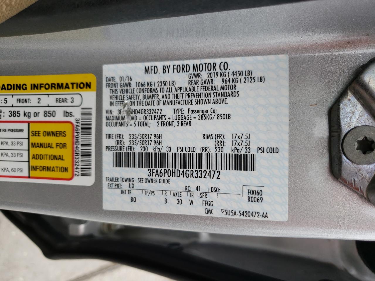 Photo 10 from auction – 2016 FORD FUSION SE with VIN 3FA6P0HD4GR332472