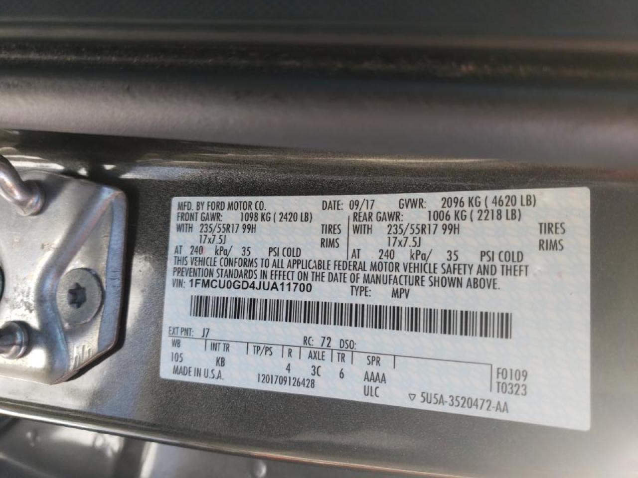 Photo 10 from auction – 2018 FORD ESCAPE SE with VIN 1FMCU0GD4JUA11700