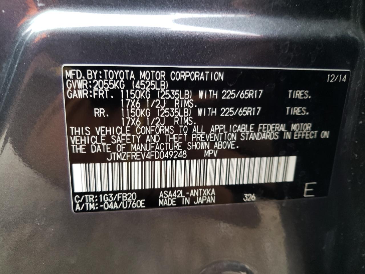 Photo 10 from auction – 2015 TOYOTA RAV4 LE with VIN JTMZFREV4FD049248