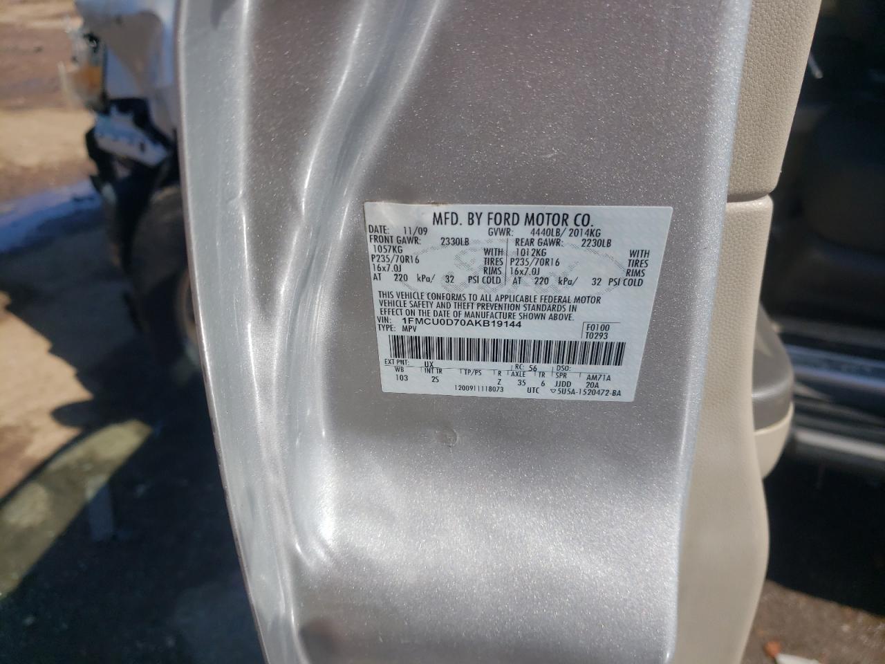 Photo 10 from auction – 2010 FORD ESCAPE XLT with VIN 1FMCU0D70AKB19144