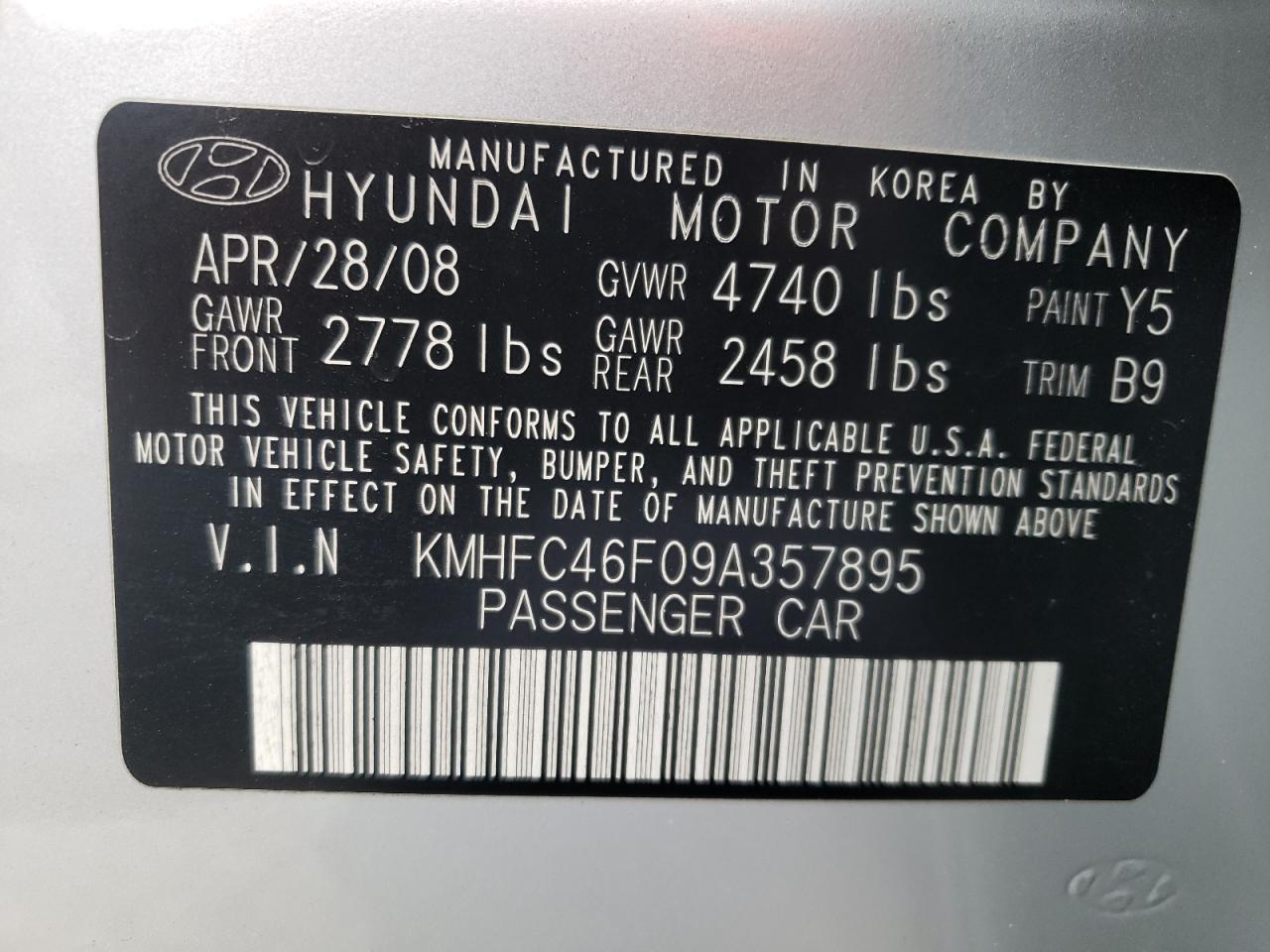 Photo 10 from auction – 2009 HYUNDAI AZERA SE with VIN KMHFC46F09A357895