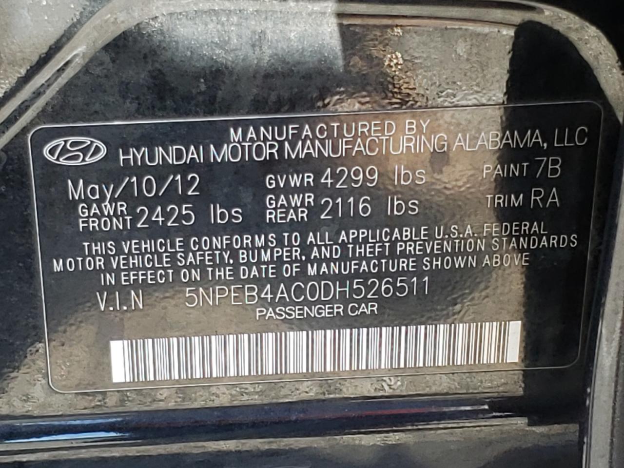 Photo 10 from auction – 2013 HYUNDAI SONATA GLS with VIN 5NPEB4AC0DH526511