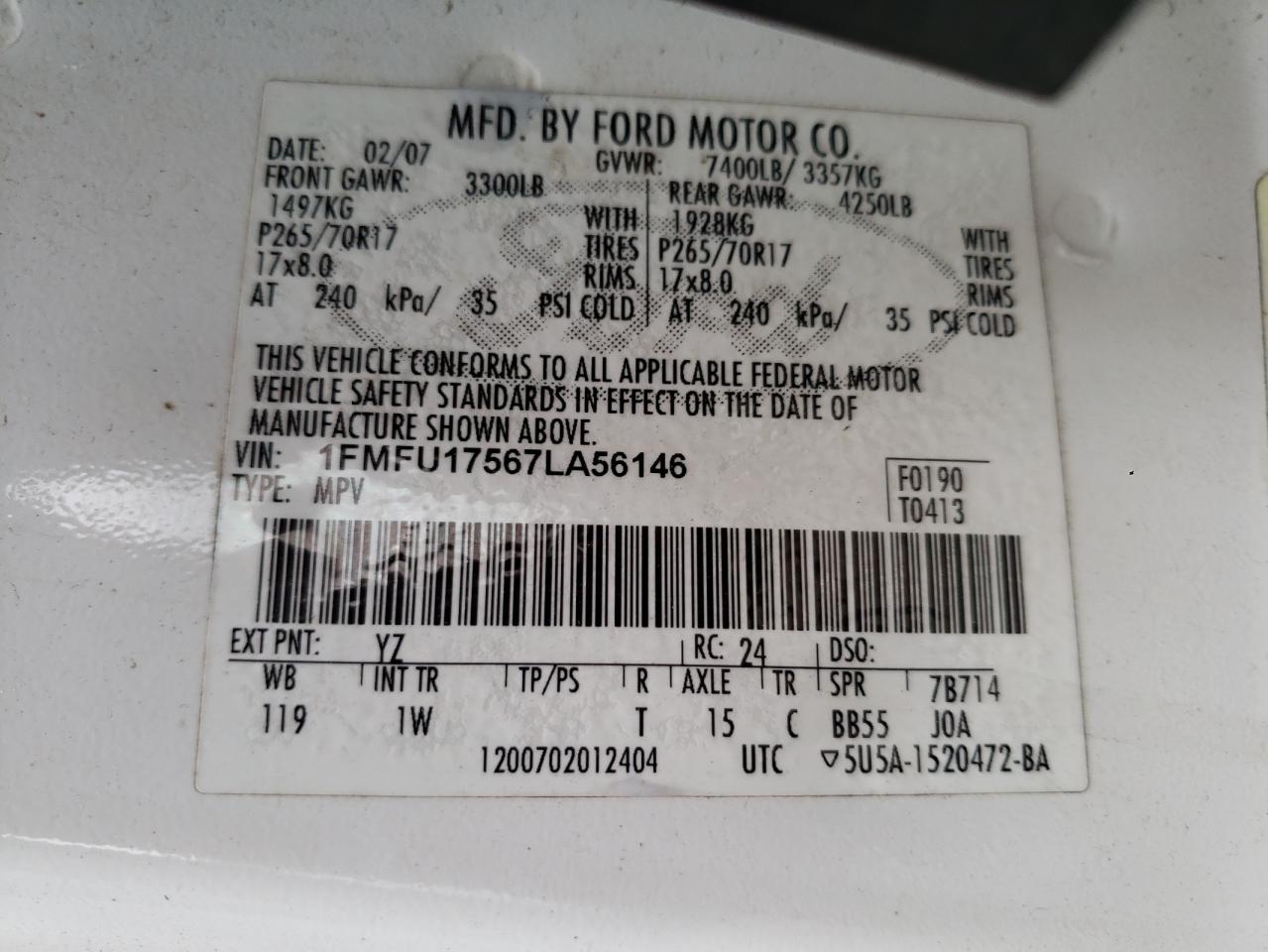 Photo 10 from auction – 2007 FORD EXPEDITION with VIN 1FMFU17567LA56146