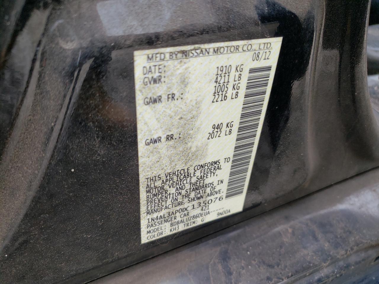 Photo 10 from auction – 2013 NISSAN ALTIMA 2.5 with VIN 1N4AL3AP0DC135076