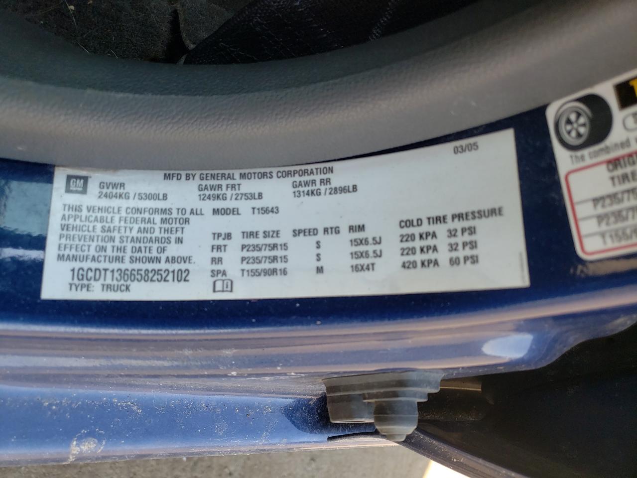 Photo 10 from auction – 2005 CHEVROLET COLORADO with VIN 1GCDT136658252102