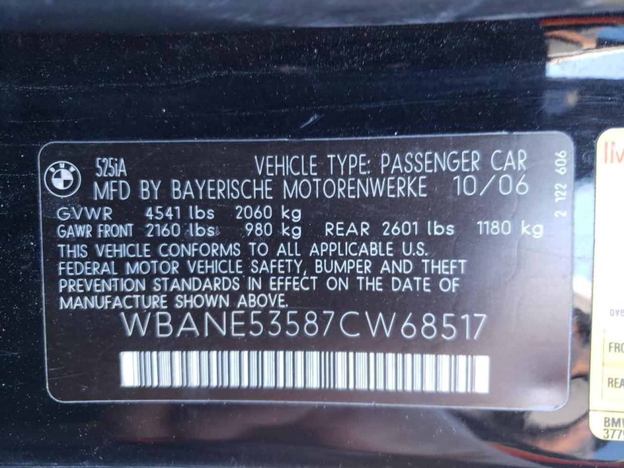 Photo 10 from auction – 2007 BMW 525 I with VIN WBANE53587CW68517