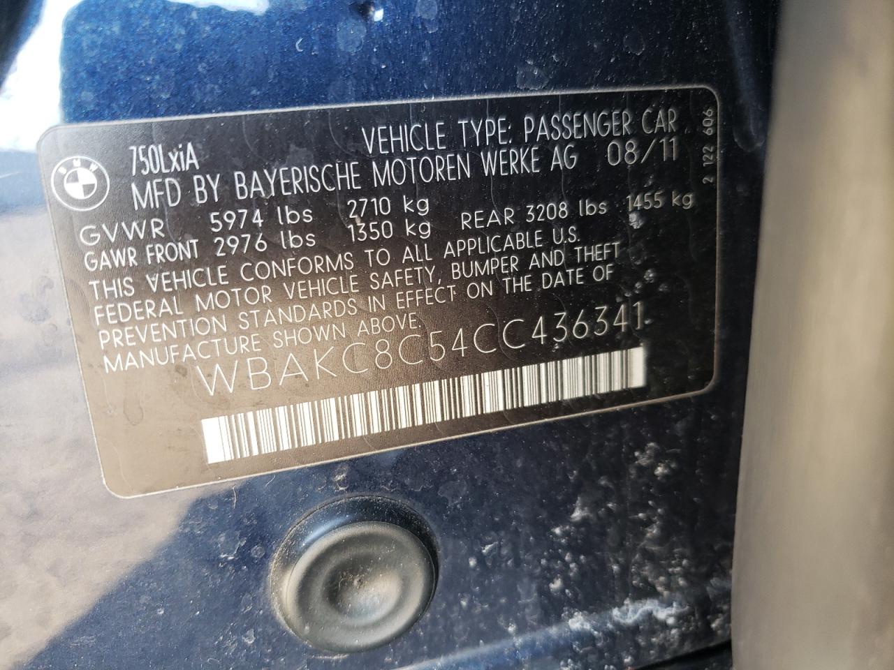 Photo 10 from auction – 2012 BMW 750 LXI with VIN WBAKC8C54CC436341