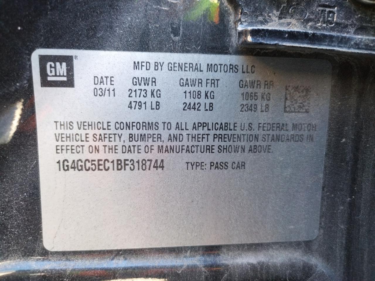 Photo 10 from auction – 2011 BUICK LACROSSE C with VIN 1G4GC5EC1BF318744