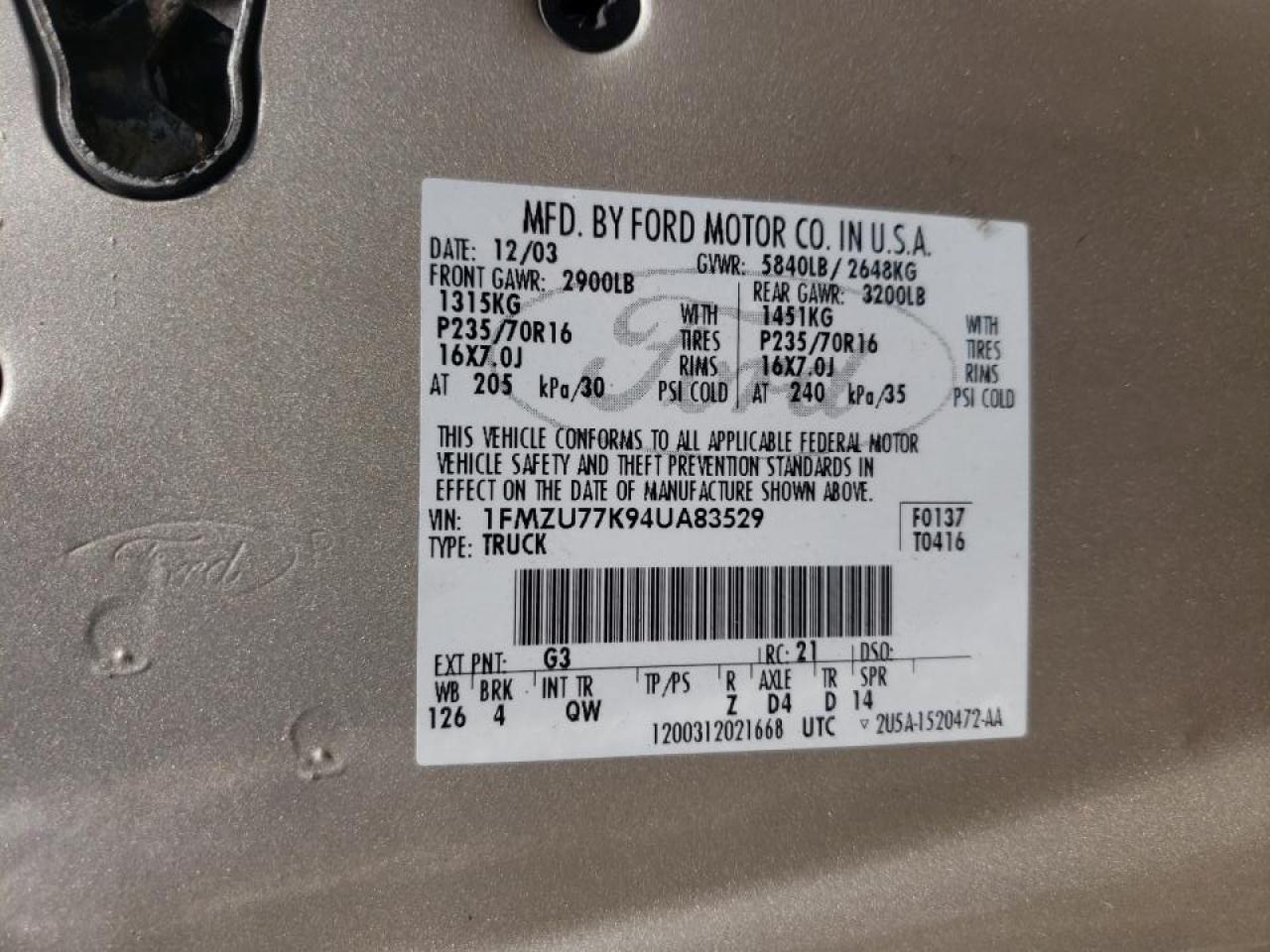 Photo 10 from auction – 2004 FORD EXPLORER S with VIN 1FMZU77K94UA83529