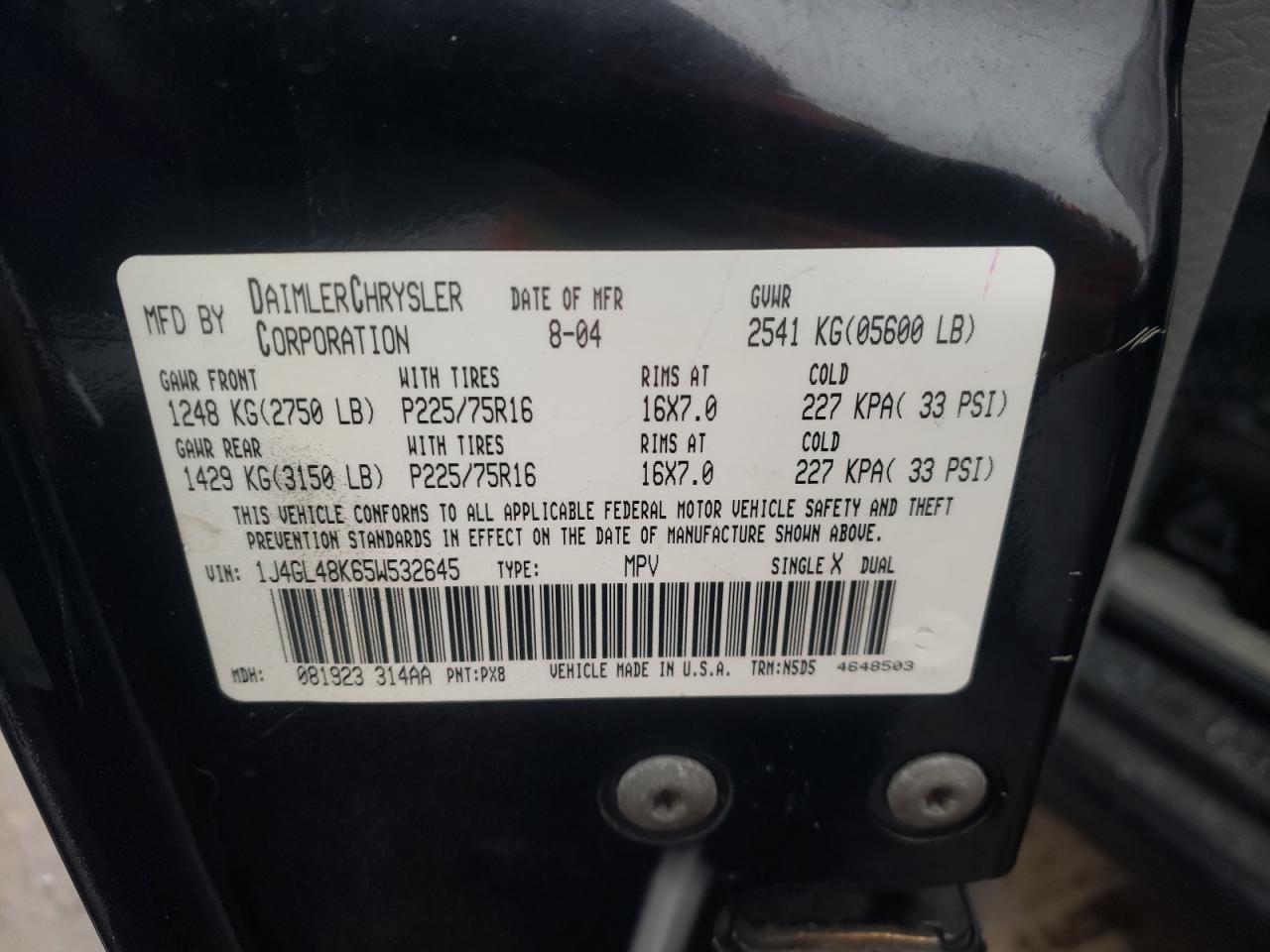 Photo 10 from auction – 2005 JEEP LIBERTY SP with VIN 1J4GL48K65W532645