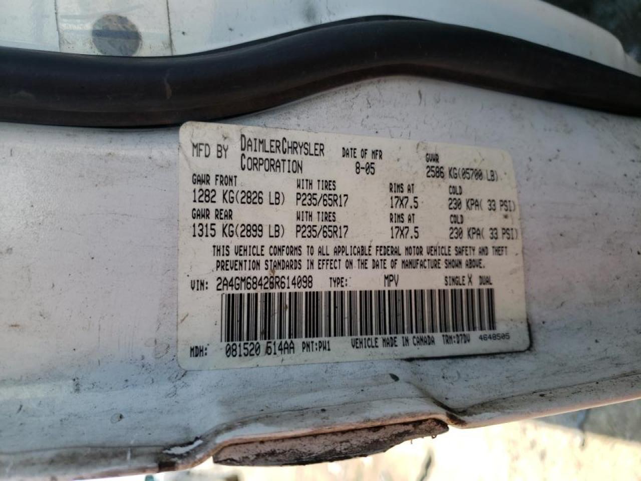 Photo 10 from auction – 2006 CHRYSLER PACIFICA T with VIN 2A4GM68426R614098