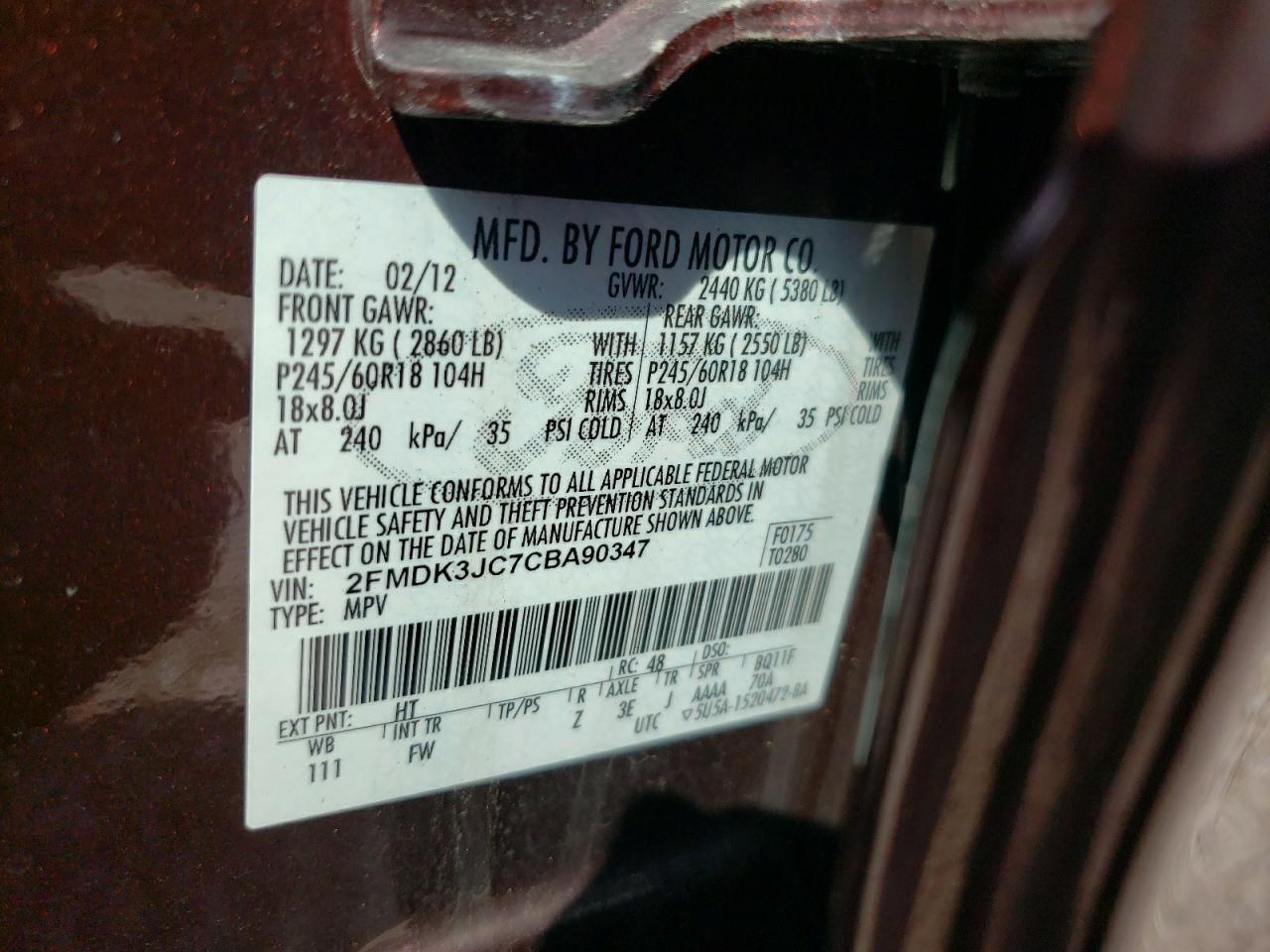 Photo 10 from auction – 2012 FORD EDGE SEL with VIN 2FMDK3JC7CBA90347