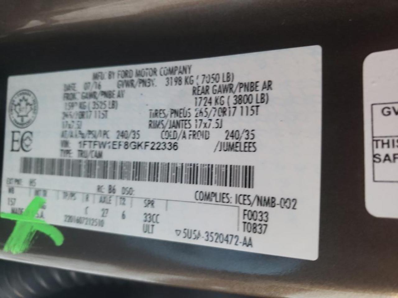 Photo 10 from auction – 2016 FORD F150 SUPER with VIN 1FTFW1EF8GKF22336