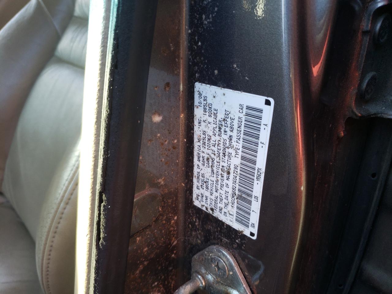 Photo 10 from auction – 2007 HONDA ACCORD EX with VIN 1HGCM56827A047290