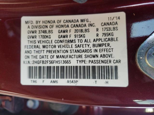 Photo 10 from auction – 2015 HONDA CIVIC HF with VIN 2HGFB2F56FH513665