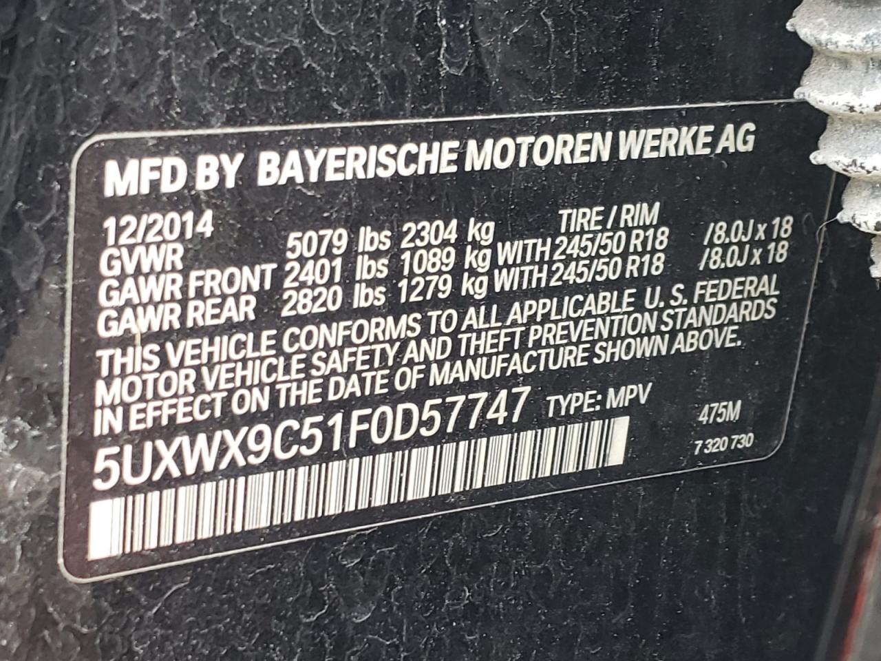 Photo 10 from auction – 2015 BMW X3 XDRIVE2 with VIN 5UXWX9C51F0D57747