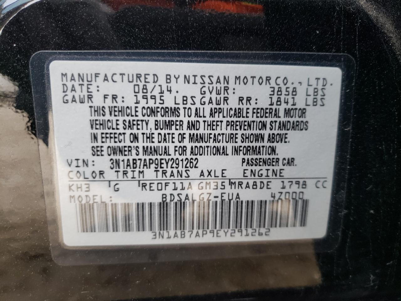Photo 10 from auction – 2014 NISSAN SENTRA S with VIN 3N1AB7AP9EY291262