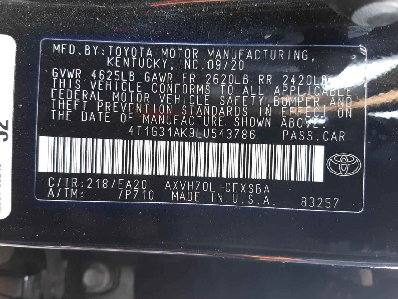 Photo 10 from auction – 2020 TOYOTA CAMRY SE with VIN 4T1G31AK9LU543786