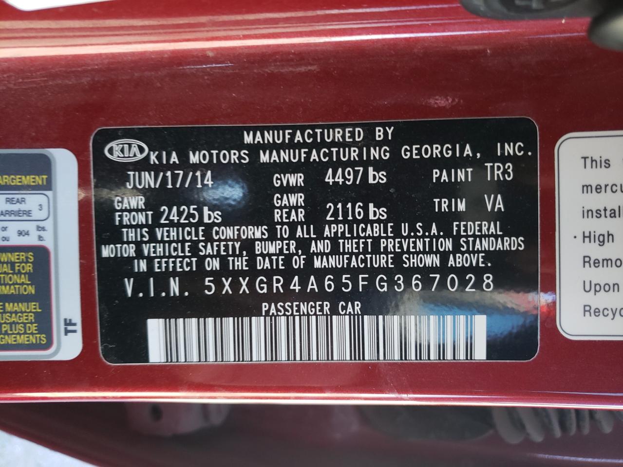 Photo 10 from auction – 2015 KIA OPTIMA SX with VIN 5XXGR4A65FG367028