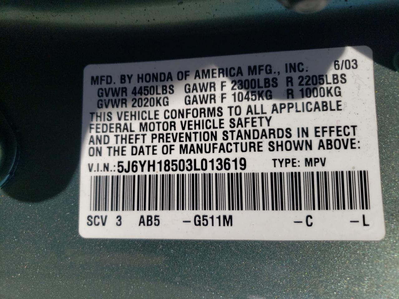 Foto 10 de la subasta – 2003 HONDA ELEMENT EX con VIN 5J6YH18503L013619