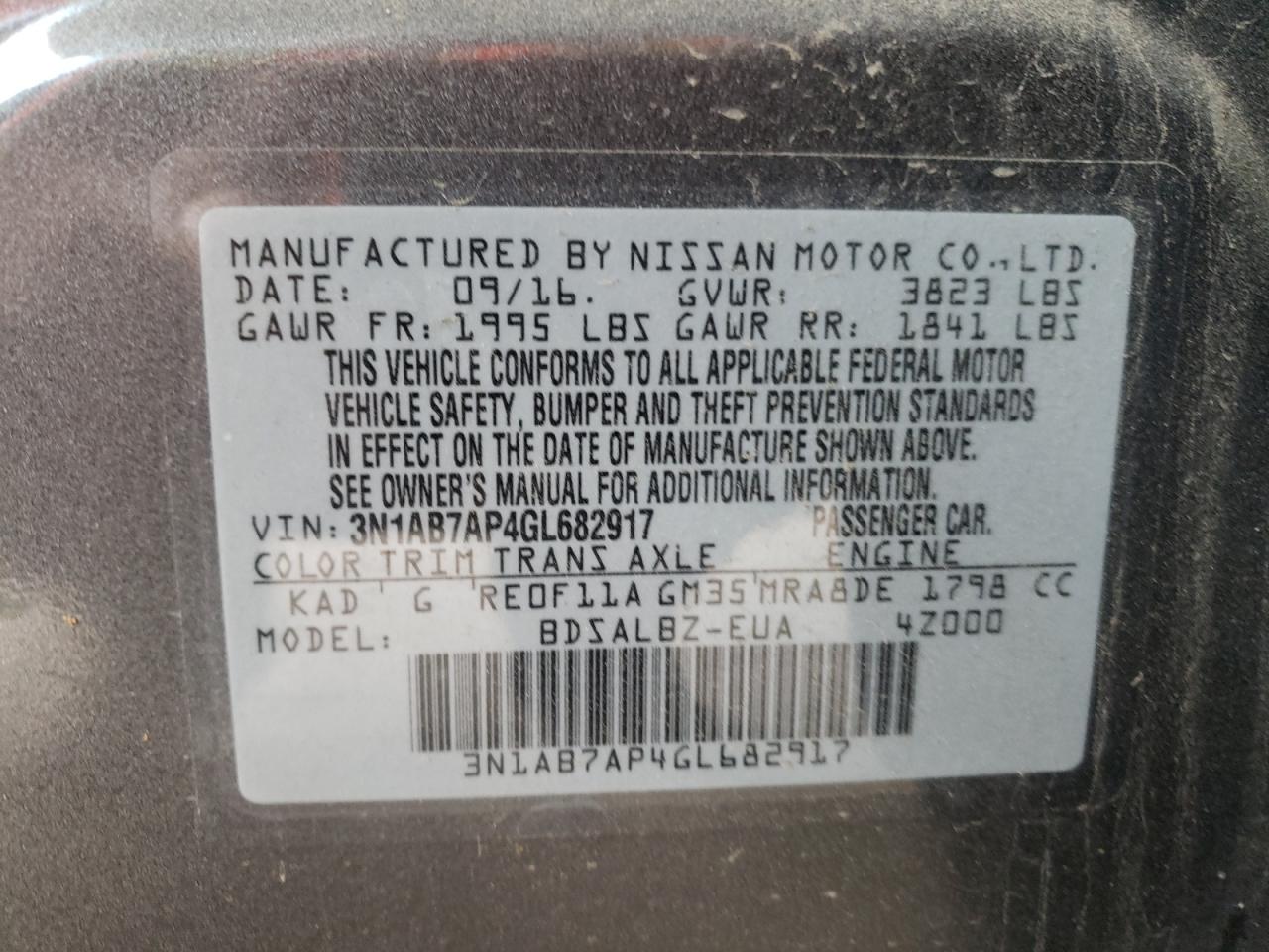 Photo 10 from auction – 2016 NISSAN SENTRA S with VIN 3N1AB7AP4GL682917