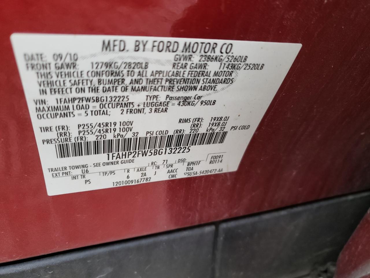 Photo 10 from auction – 2011 FORD TAURUS LIM with VIN 1FAHP2FW5BG132225