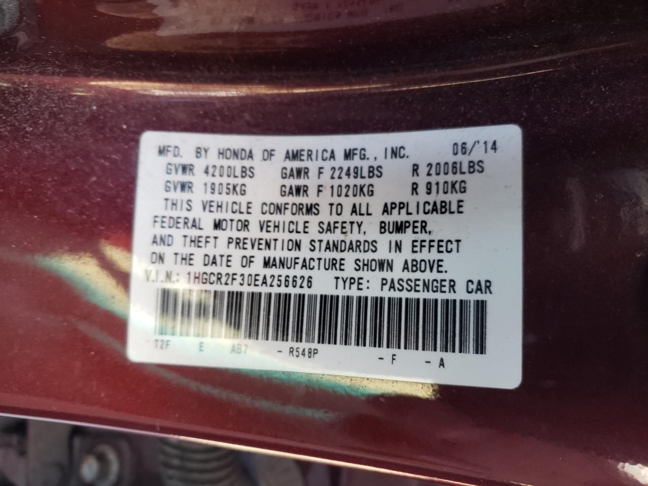 Photo 10 from auction – 2014 HONDA ACCORD LX with VIN 1HGCR2F30EA256626
